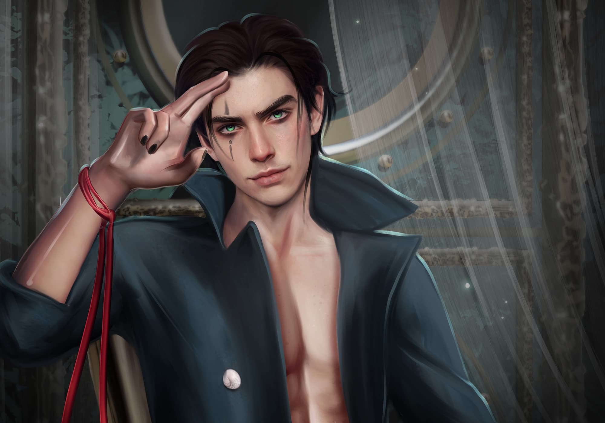 A hot guy with jester makeup and red ribbon